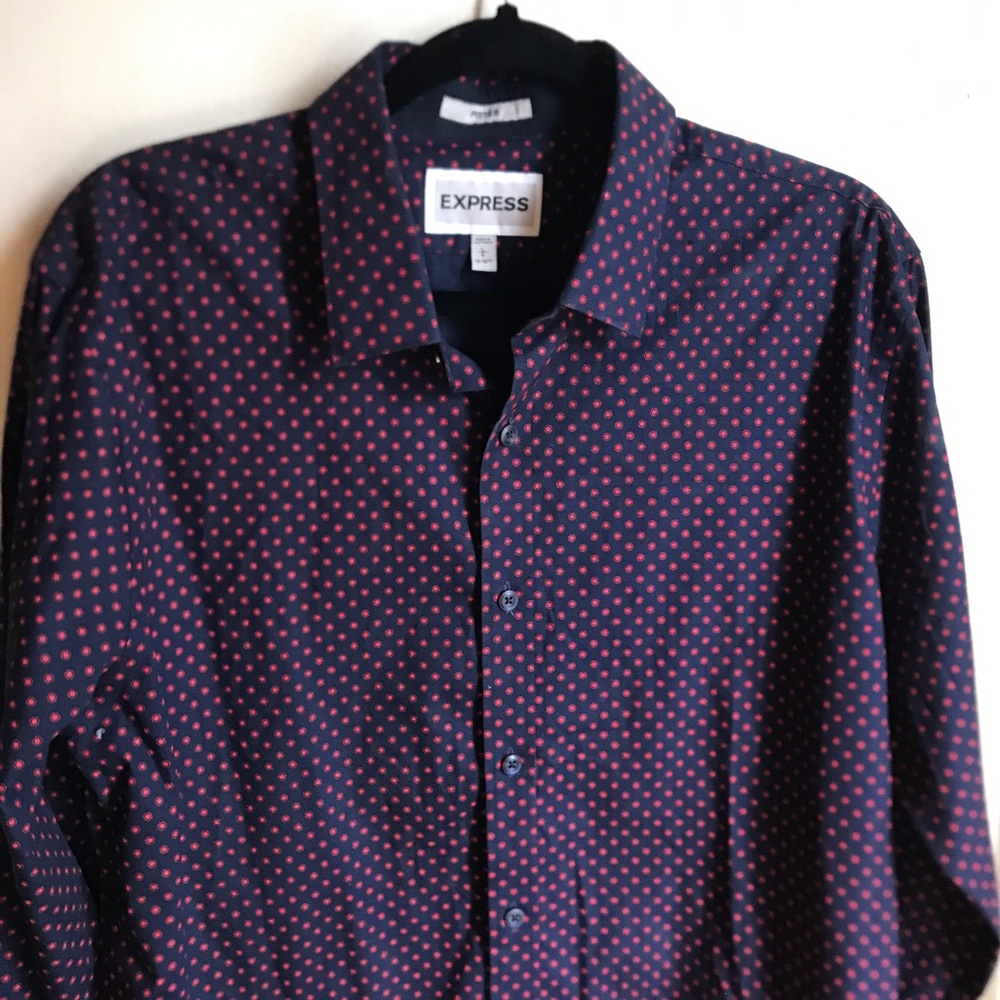 Express Fitted Button Down Shirt Blue Red Polka Dot Men Sz L